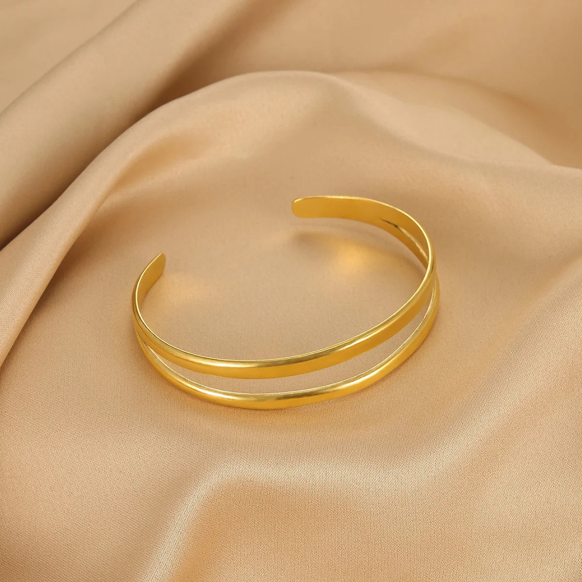 Women's Double Layer Open Gold Stainless Steel Waterproof Bracelet with Flower