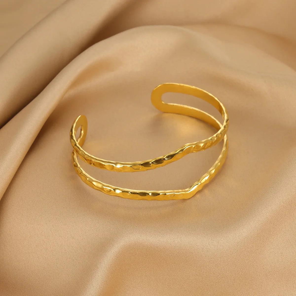 Women's Double Layer Open Gold Stainless Steel Waterproof Bracelet with Flower