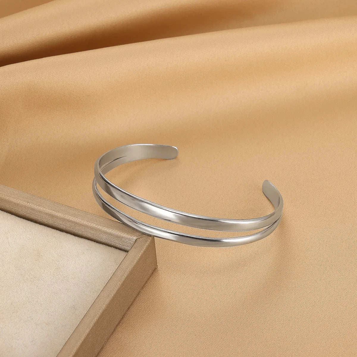 Women's Double Layer Open Gold Stainless Steel Waterproof Bracelet with Flower