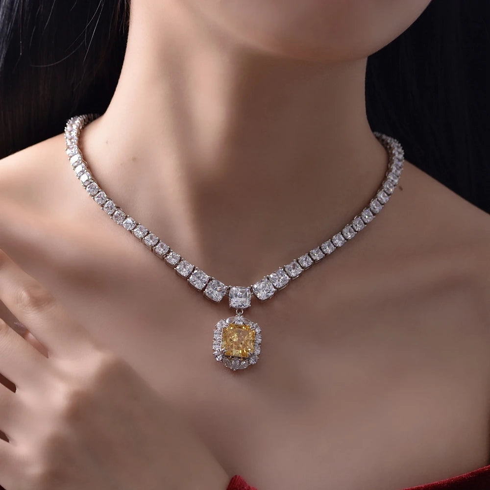 13mm Citrine Pendant Necklace with Moissanite Surround, 925 Sterling Silver (Luxury)