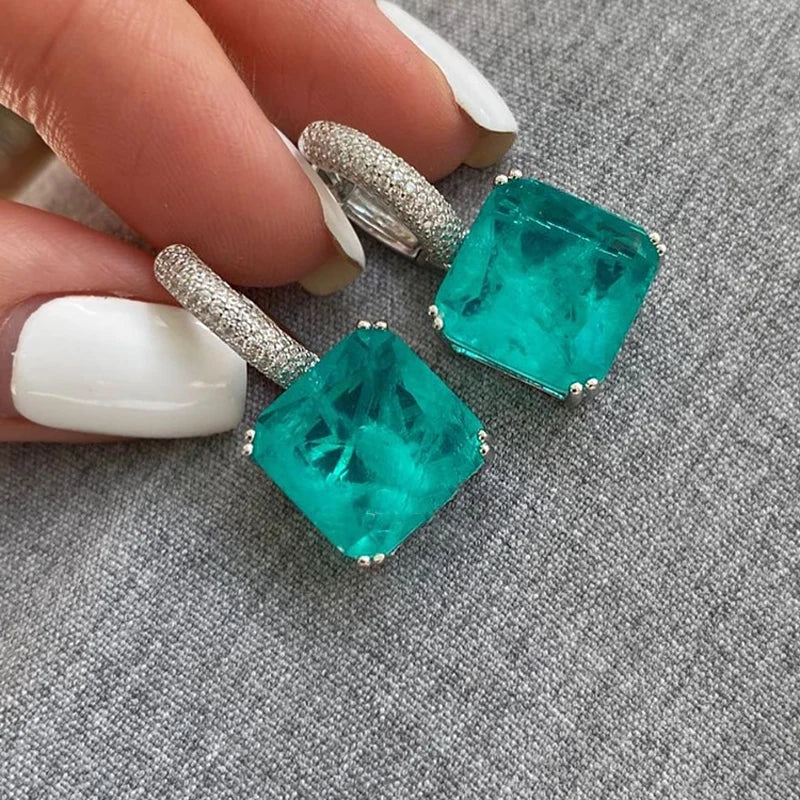 12MM Paraiba Earrings Sterling 925 Silver Created Gemstone Emerald Moissanite