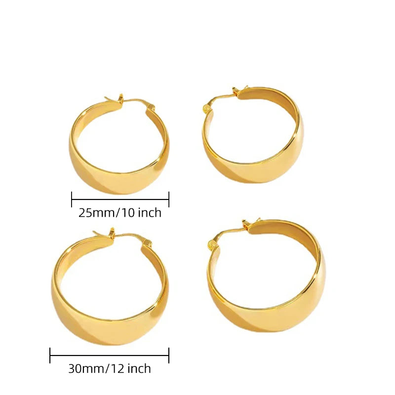 Wide circle hoop earrings, plain, gold plated stainless steel, 25/30 mm, for women