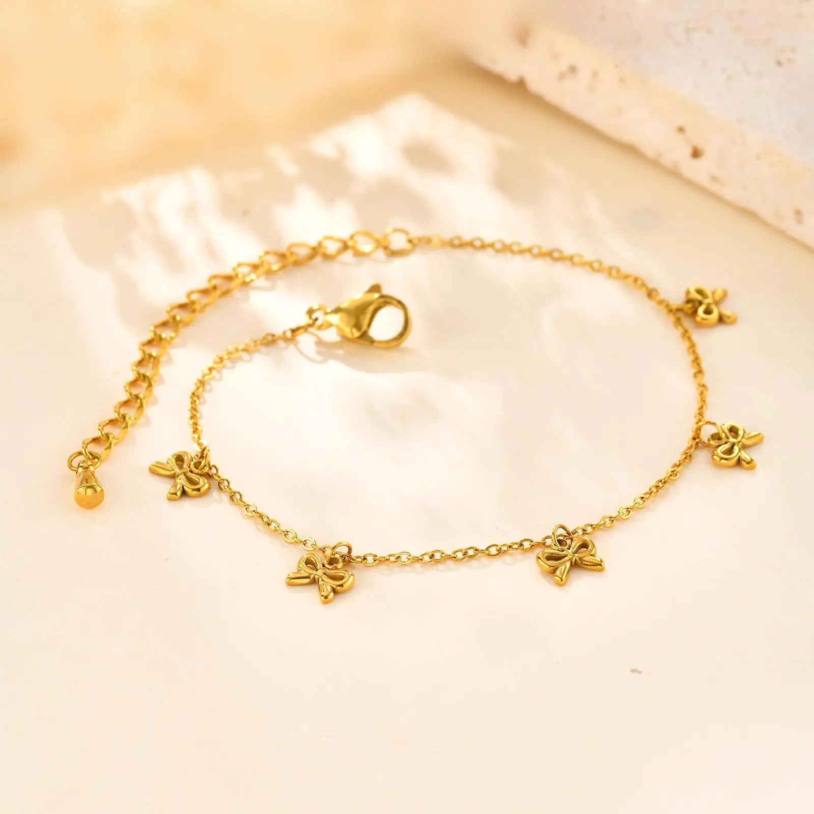 Minimalist Style Waterproof Gold Stainless Steel Flat Rolo Chain Bracelet with Bowknot for Women