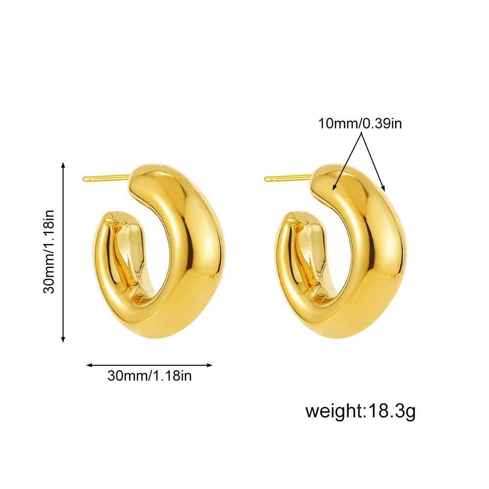 Retro style shiny PVD gold plated thick C-shaped stainless steel hoop earrings (stackable)