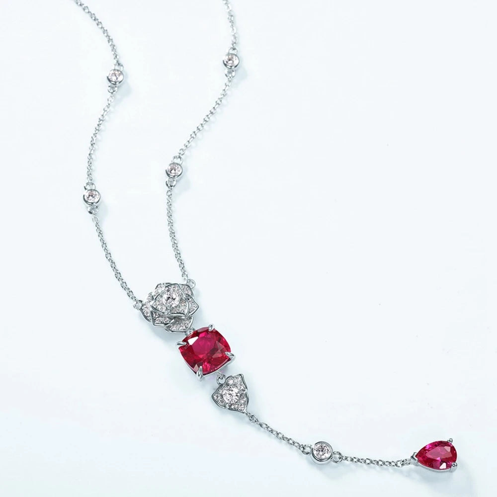 925 Sterling Silver Necklace with Ruby Flower Pendant and Diamond Accents