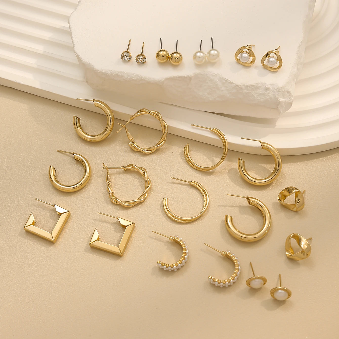 Elegant C-Shape Hoop Earrings with Faux Pearls and Diamonds for Women