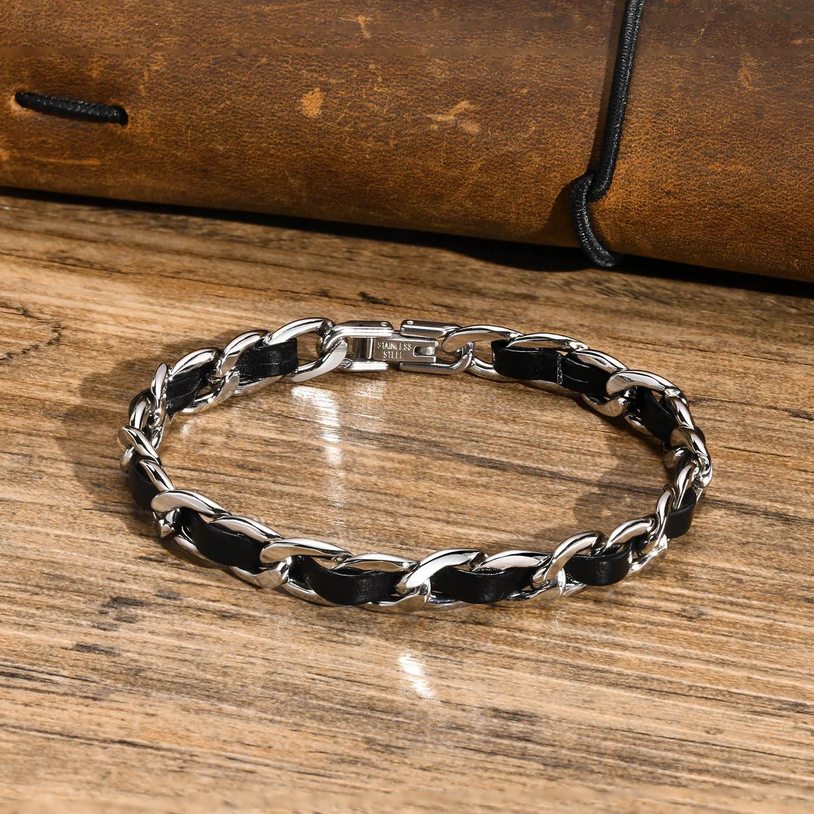 7.5mm Black Stainless Steel Cuban Chain Bracelet for Women