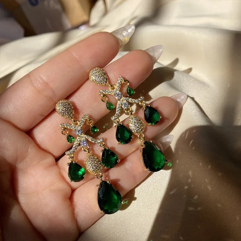 Emerald Flower Earrings Green Flower Cluster Drop Earrings