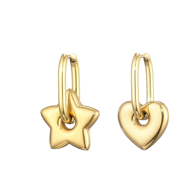 Stainless Steel Heart/Star Hoop Earrings, Gold/Silver, Classic/Punk/Y2K Style for Women