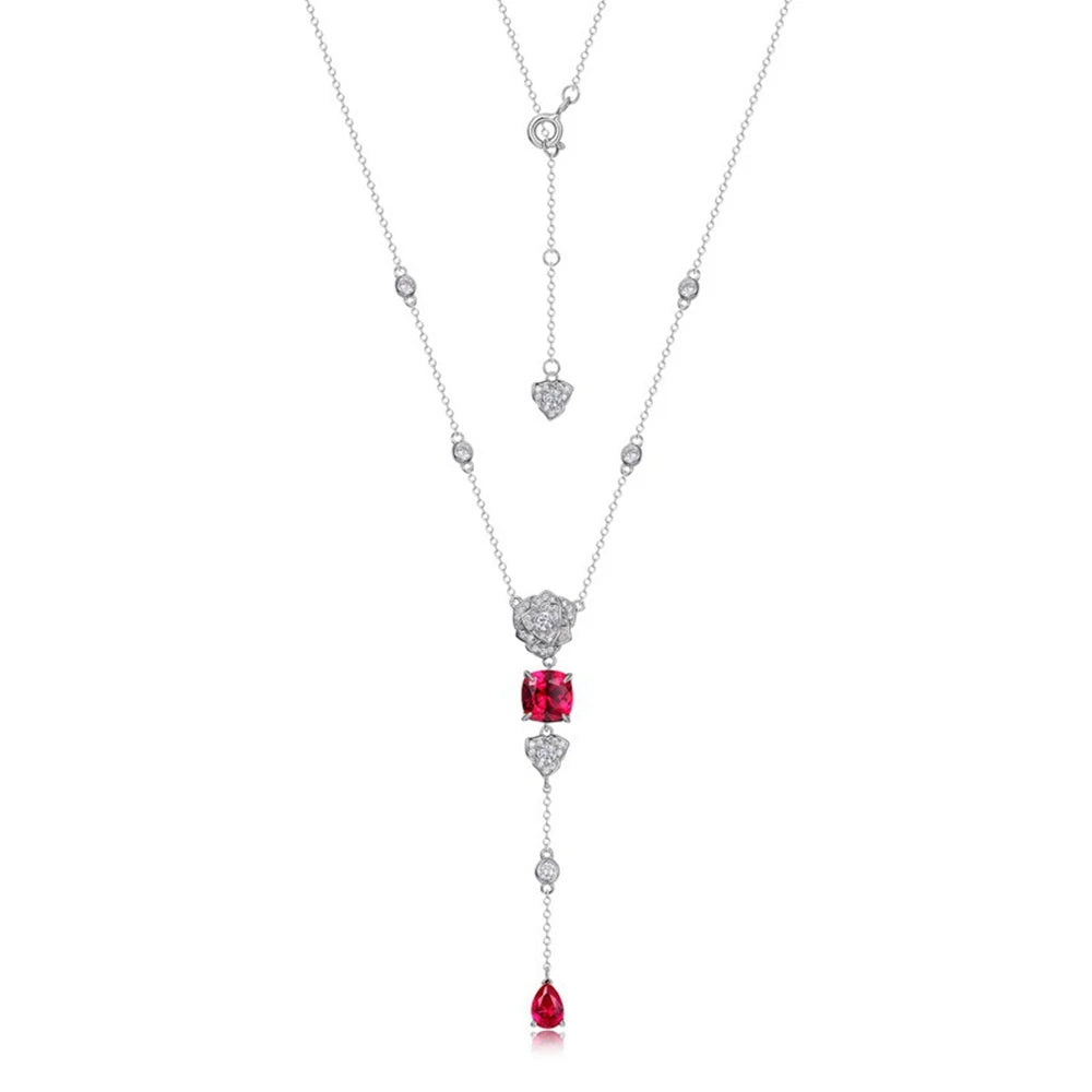 925 Sterling Silver Necklace with Ruby Flower Pendant and Diamond Accents