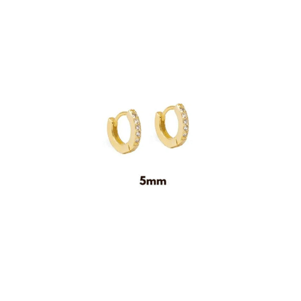 Huggie/Clip Hoop Earrings, 925 Sterling Silver, Gold Plated, Zircon/CZ Decorated, Size 5-13 mm.