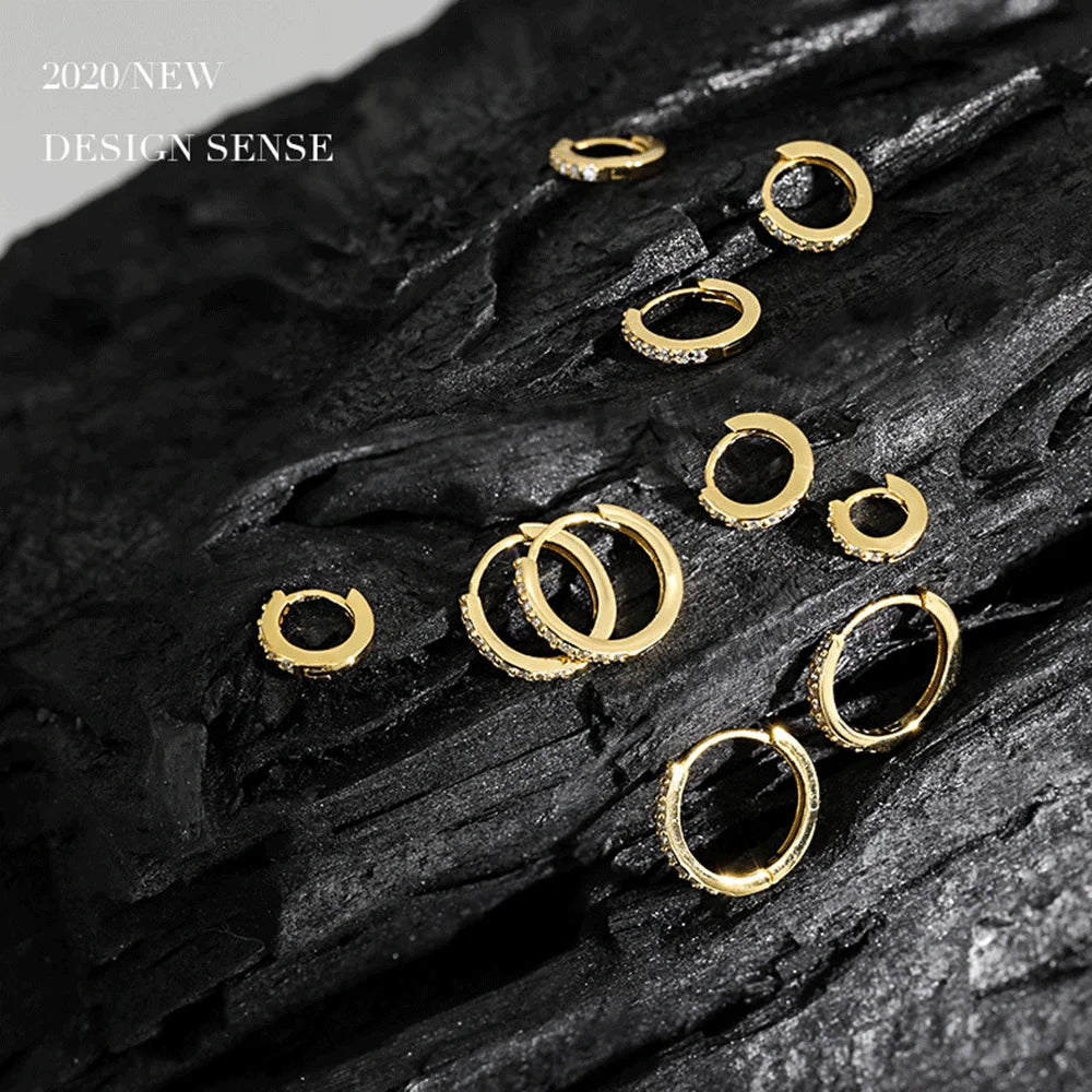 Huggie/Clip Hoop Earrings, 925 Sterling Silver, Gold Plated, Zircon/CZ Decorated, Size 5-13 mm.