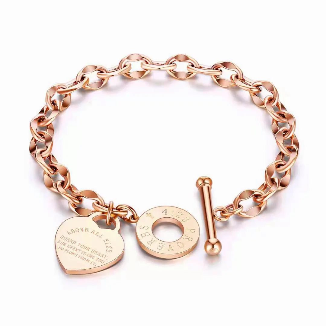 Stainless steel bracelet, OT lock, double heart pendant, suitable for couples/unisex.