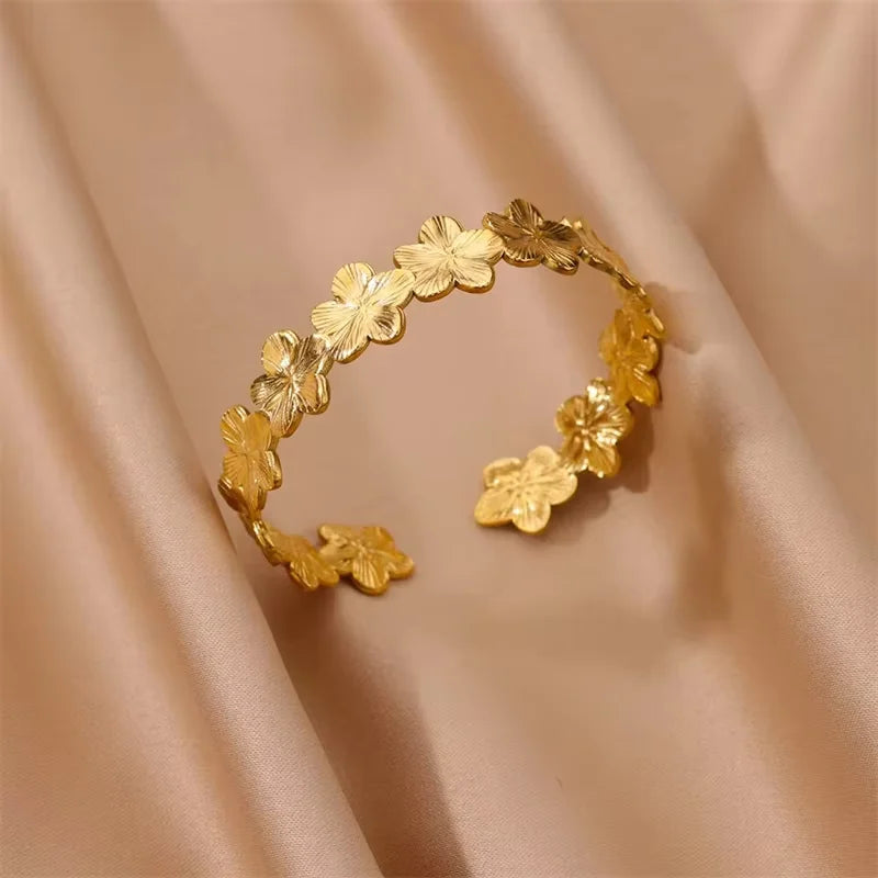 Women's Double Layer Open Gold Stainless Steel Waterproof Bracelet with Flower