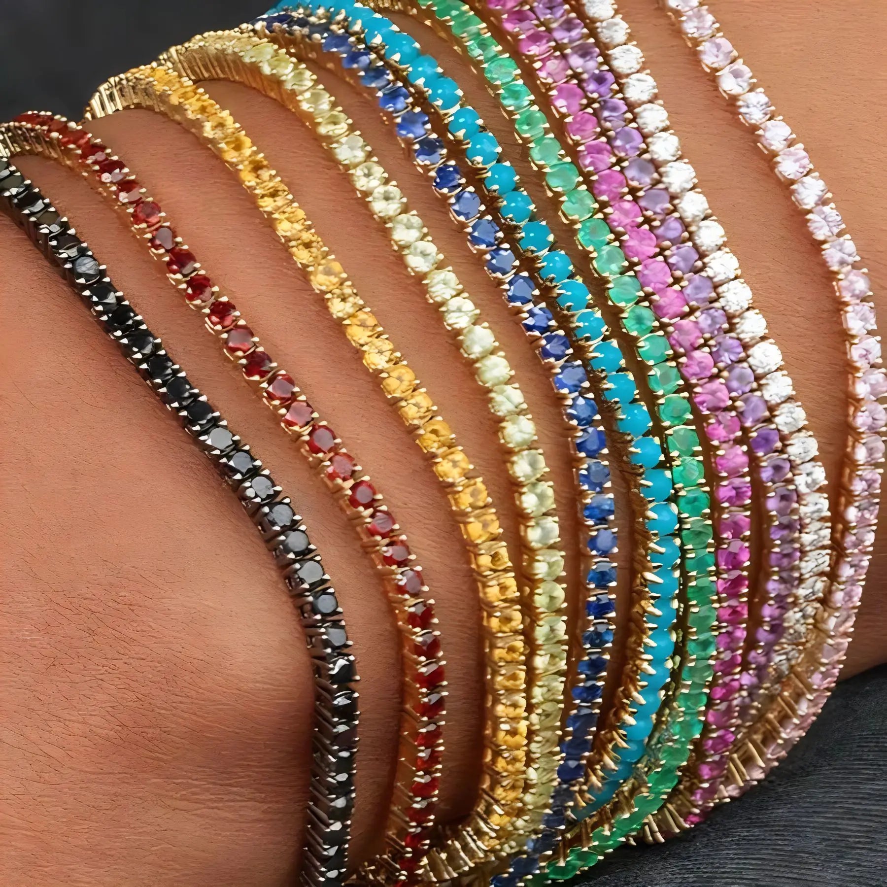 Set of 11 elastic bracelets decorated with shiny rhinestones (for layering)