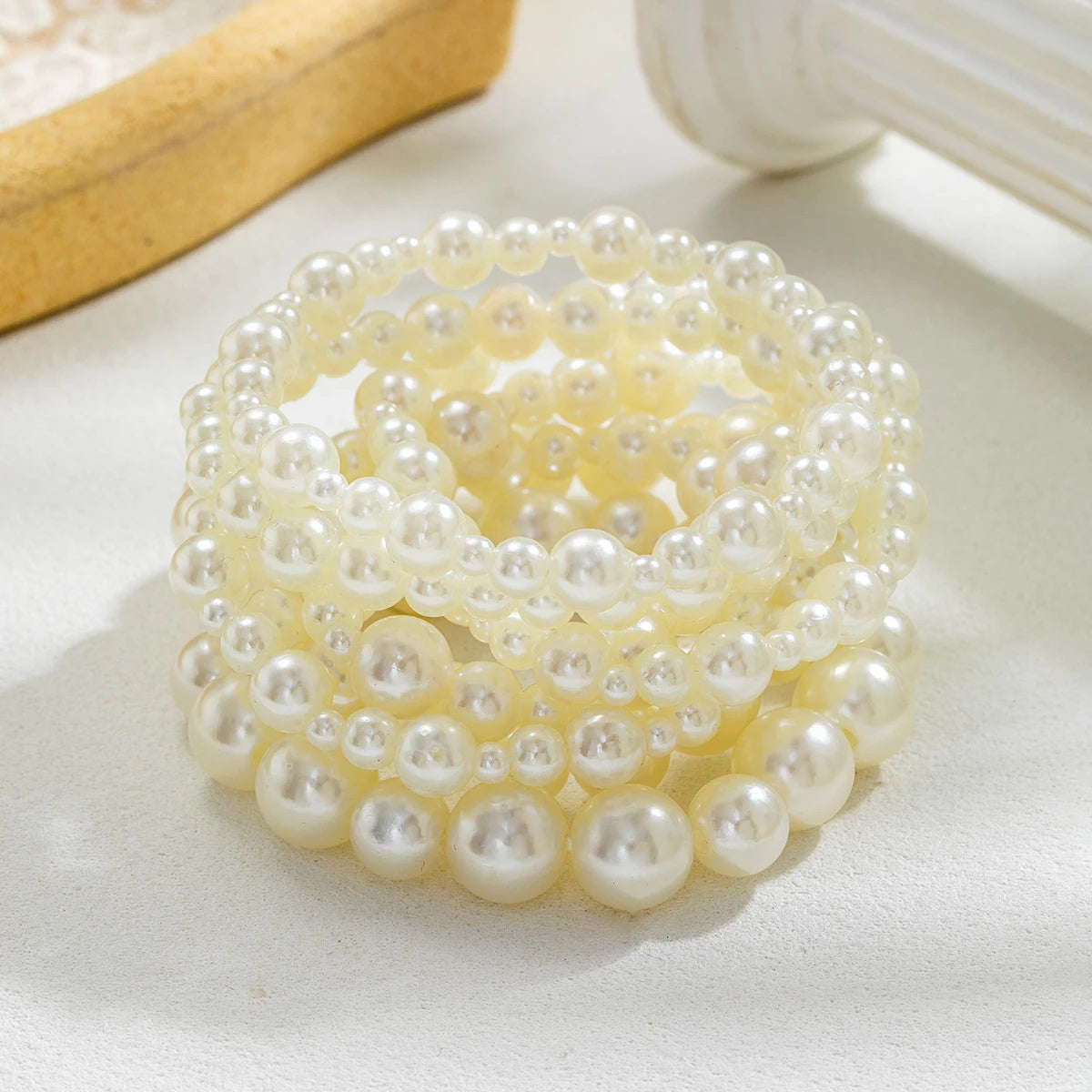 7 Pieces Simple Beige Faux Pearl Beaded Bracelet Set, Multi-Layer, Various Bead Sizes