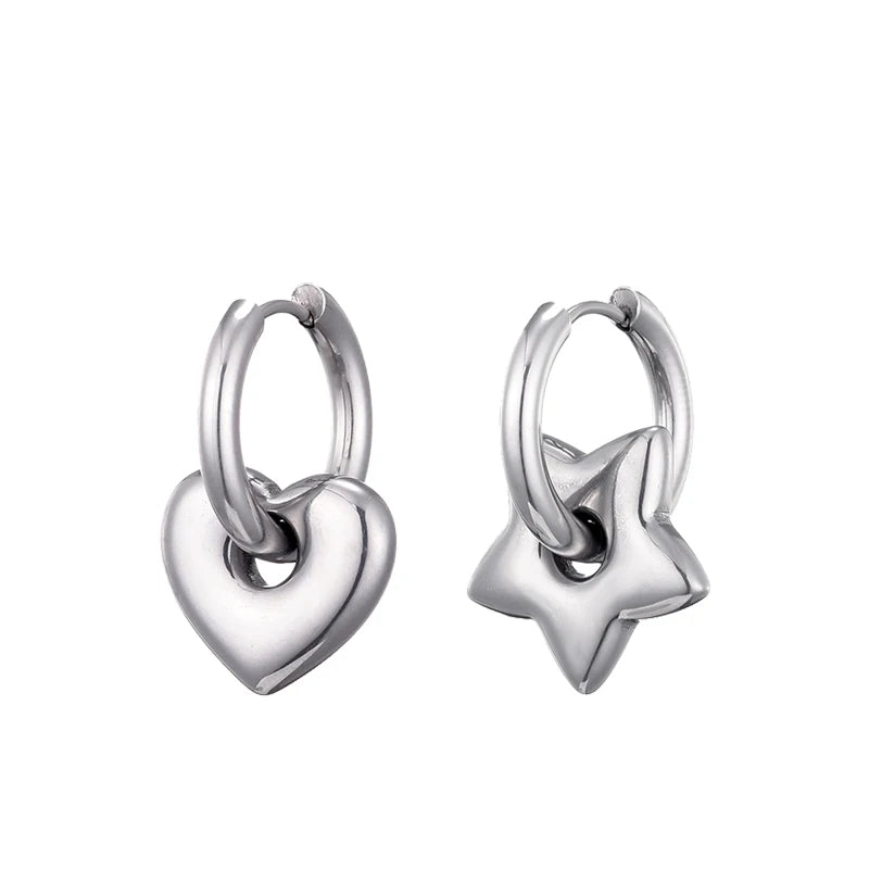Stainless Steel Heart/Star Hoop Earrings, Gold/Silver, Classic/Punk/Y2K Style for Women