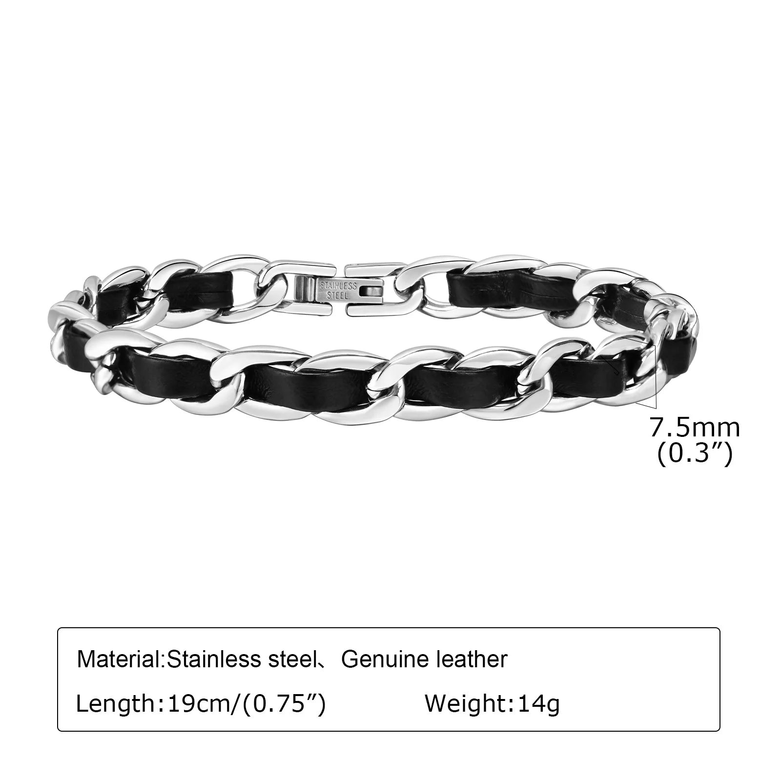 7.5mm Black Stainless Steel Cuban Chain Bracelet for Women
