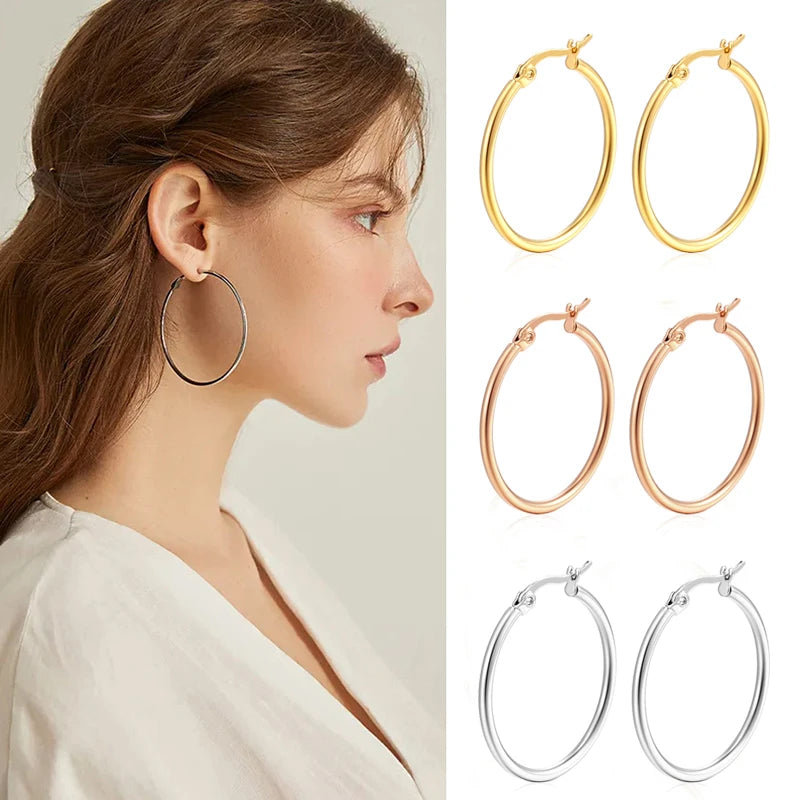 Large Stainless Steel Circle Hoop Earrings 30-80mm Gold/Silver Classic Style