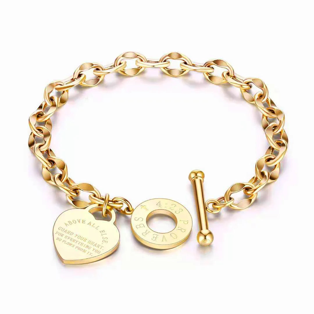 Stainless steel bracelet, OT lock, double heart pendant, suitable for couples/unisex.