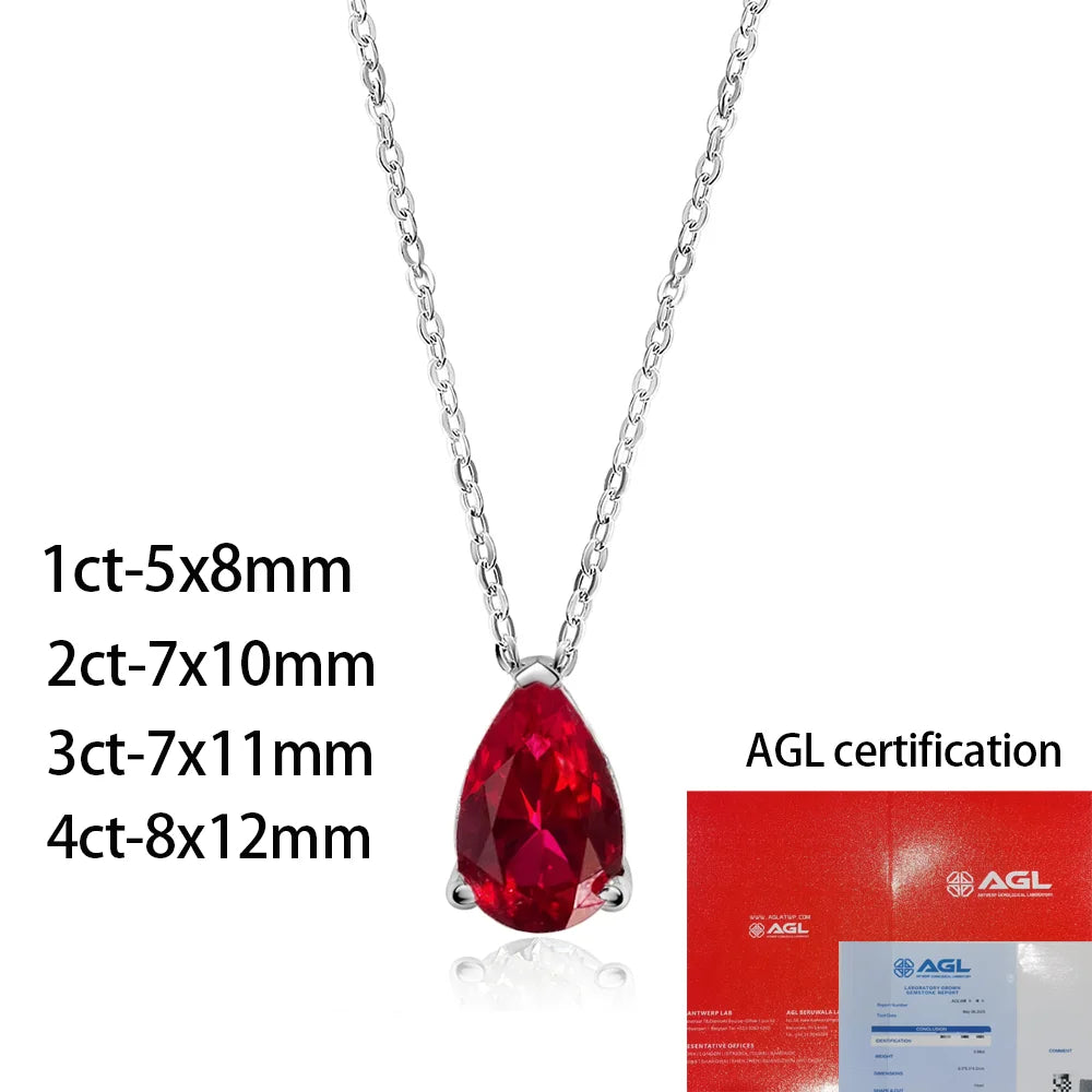 925 Sterling Silver teardrop pendant necklace, set with ruby/moissanite.