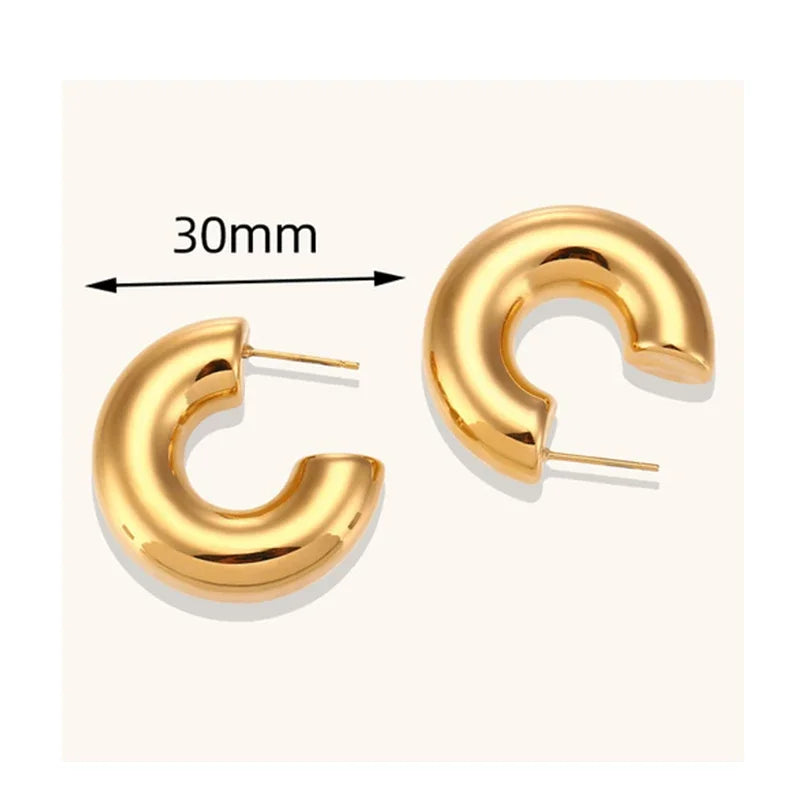 Retro style shiny PVD gold plated thick C-shaped stainless steel hoop earrings (stackable)