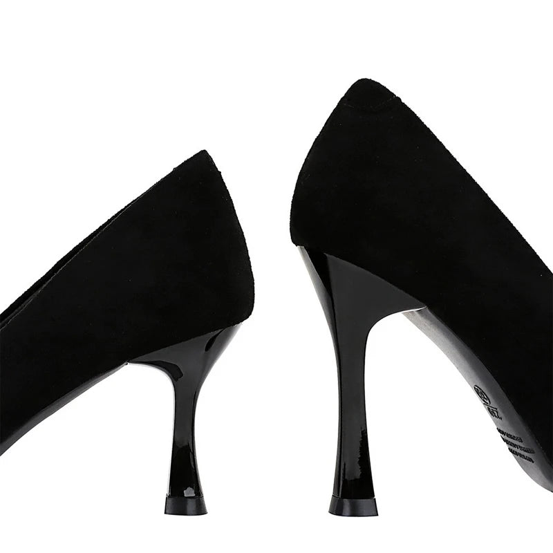 Black suede pointed toe high heels