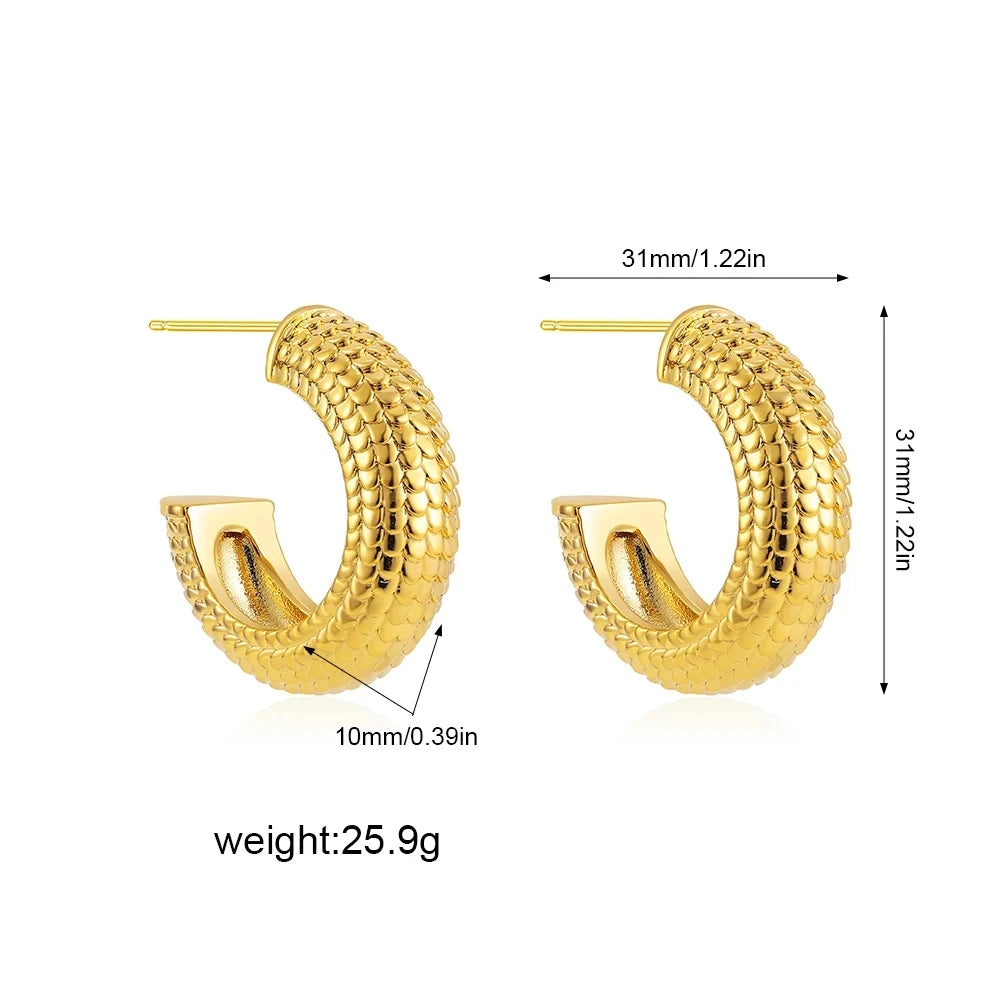 Retro style shiny PVD gold plated thick C-shaped stainless steel hoop earrings (stackable)