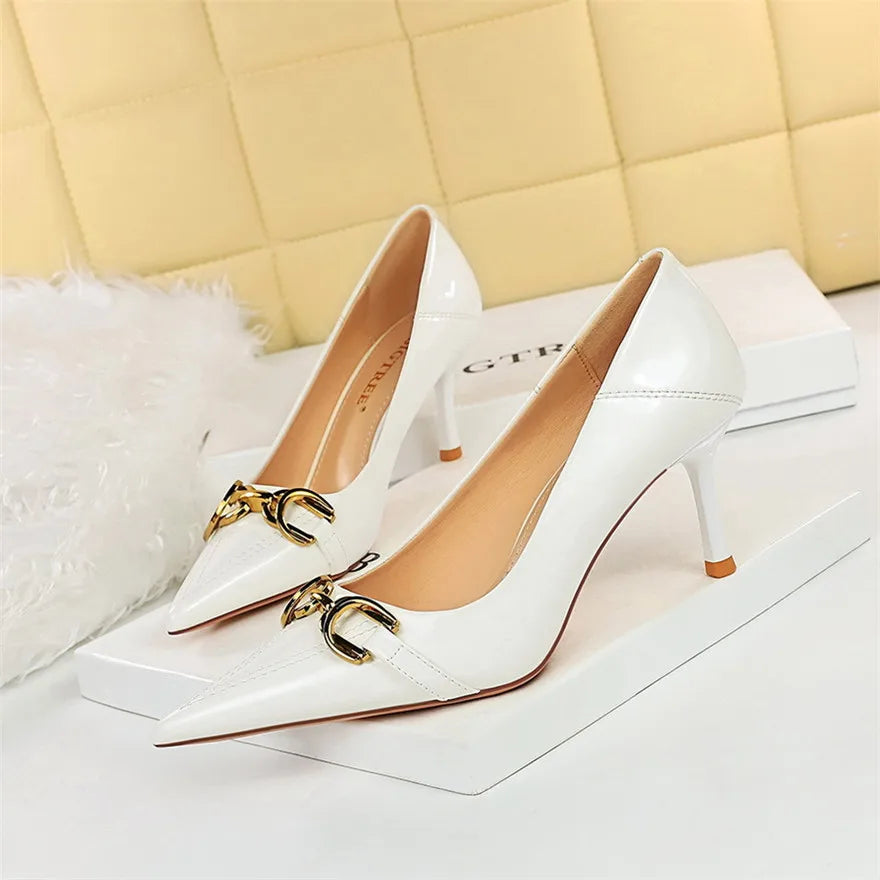 Shallow Cut High Heel Pumps with Metal Detail