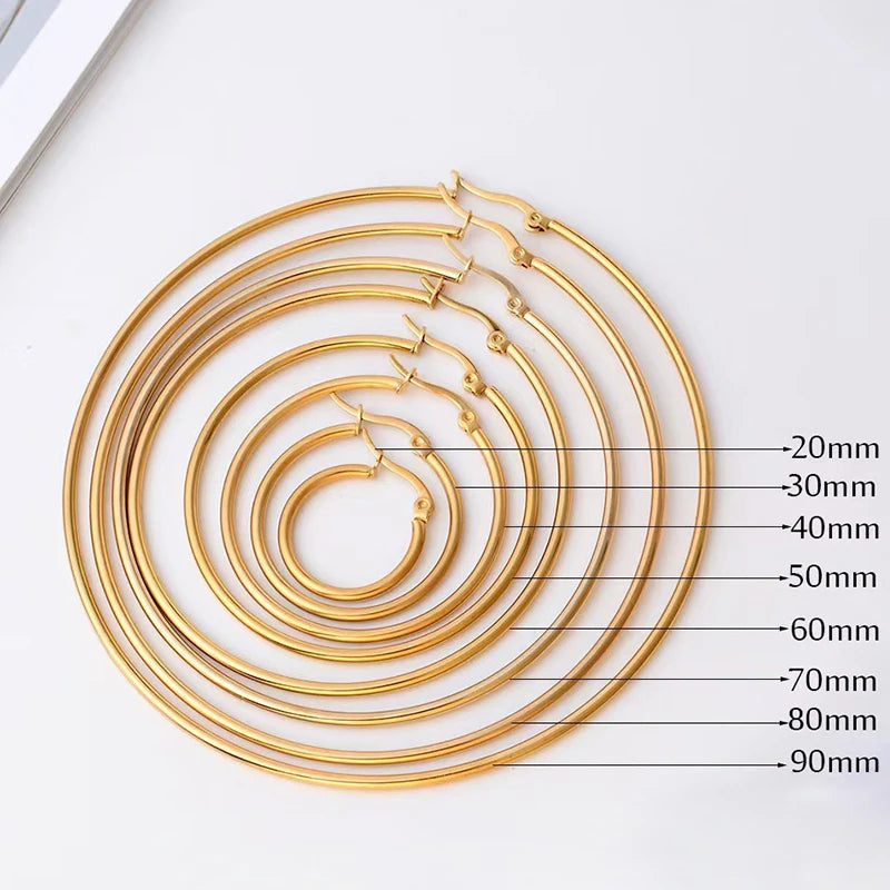 Large Stainless Steel Circle Hoop Earrings 30-80mm Gold/Silver Classic Style