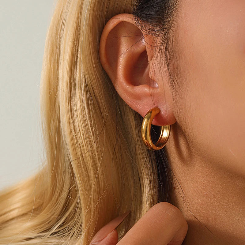 Classic Gold/Silver Stainless Steel Smooth Round Huggie Hoop Earrings for Women