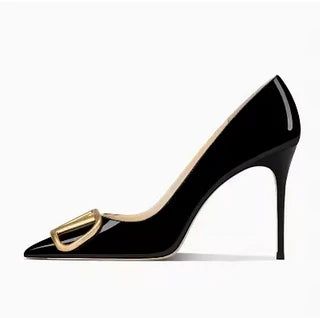 Genuine leather high-heeled shoes with pointed toes and V-shaped buckle embellishment.
