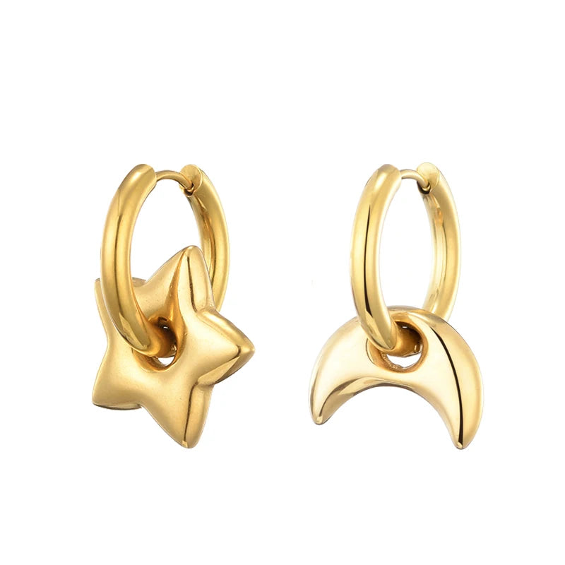 Stainless Steel Heart/Star Hoop Earrings, Gold/Silver, Classic/Punk/Y2K Style for Women