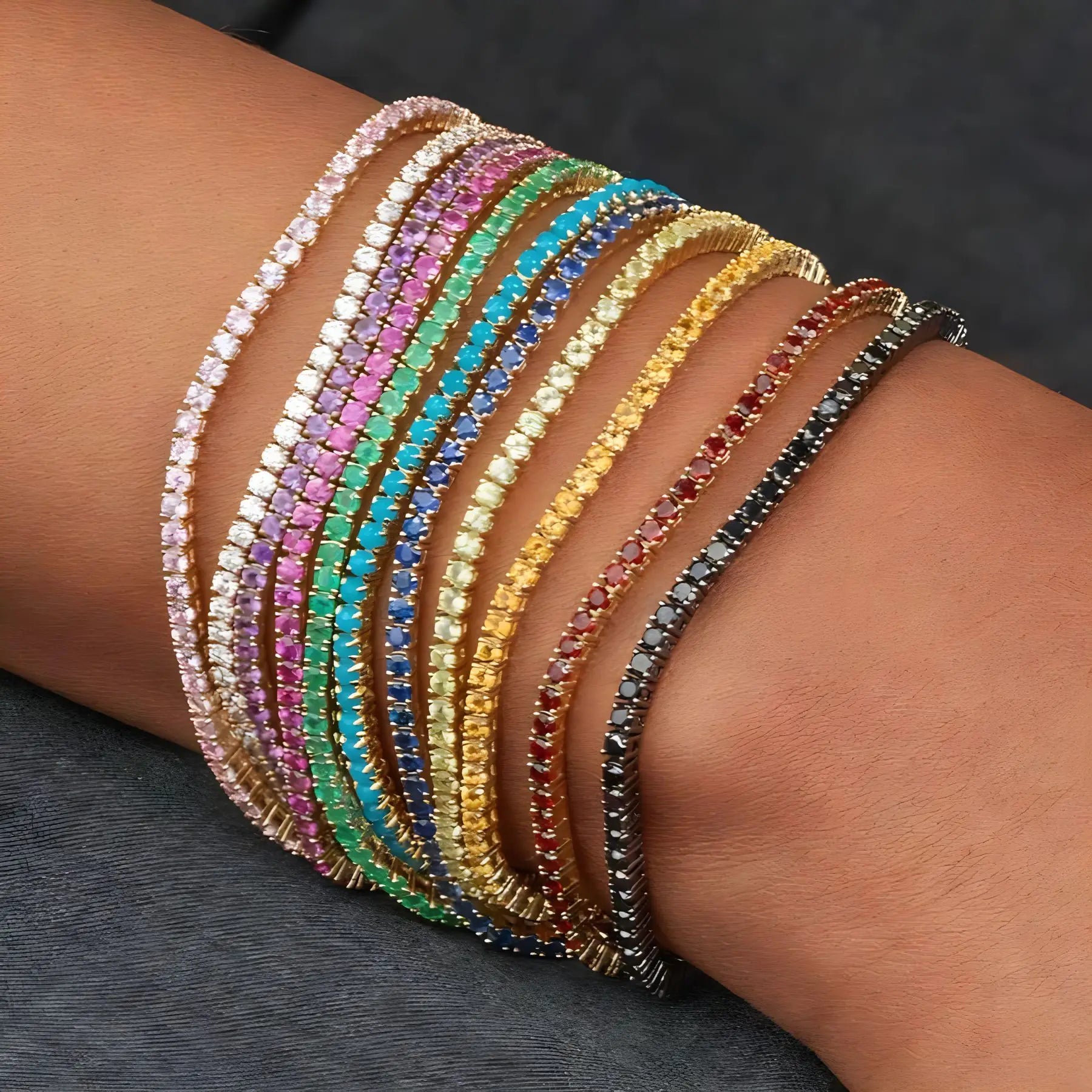 Set of 11 elastic bracelets decorated with shiny rhinestones (for layering)