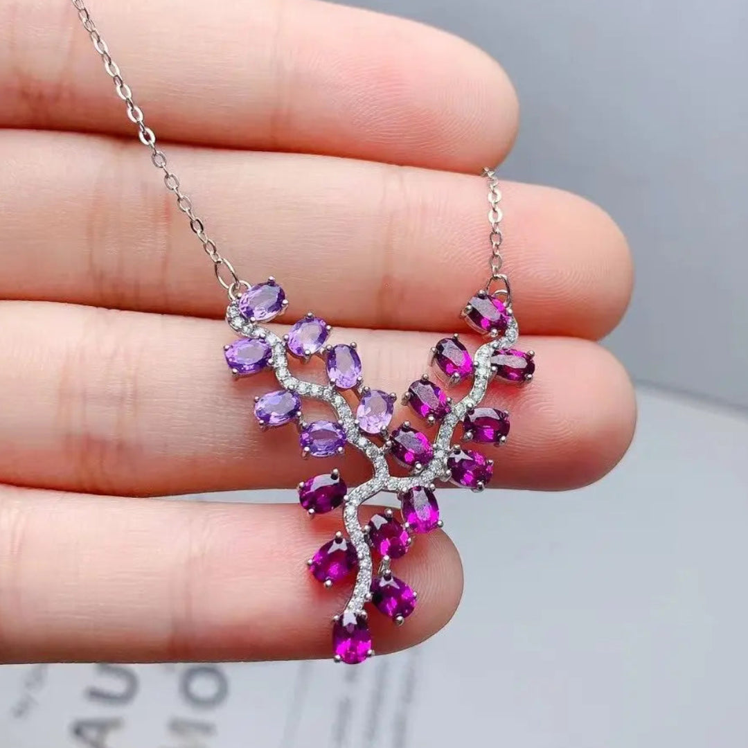 925 Sterling Silver Branch Necklace adorned with genuine amethyst and garnet (triple gold plated).