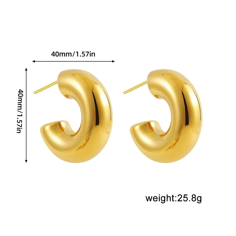 Retro style shiny PVD gold plated thick C-shaped stainless steel hoop earrings (stackable)