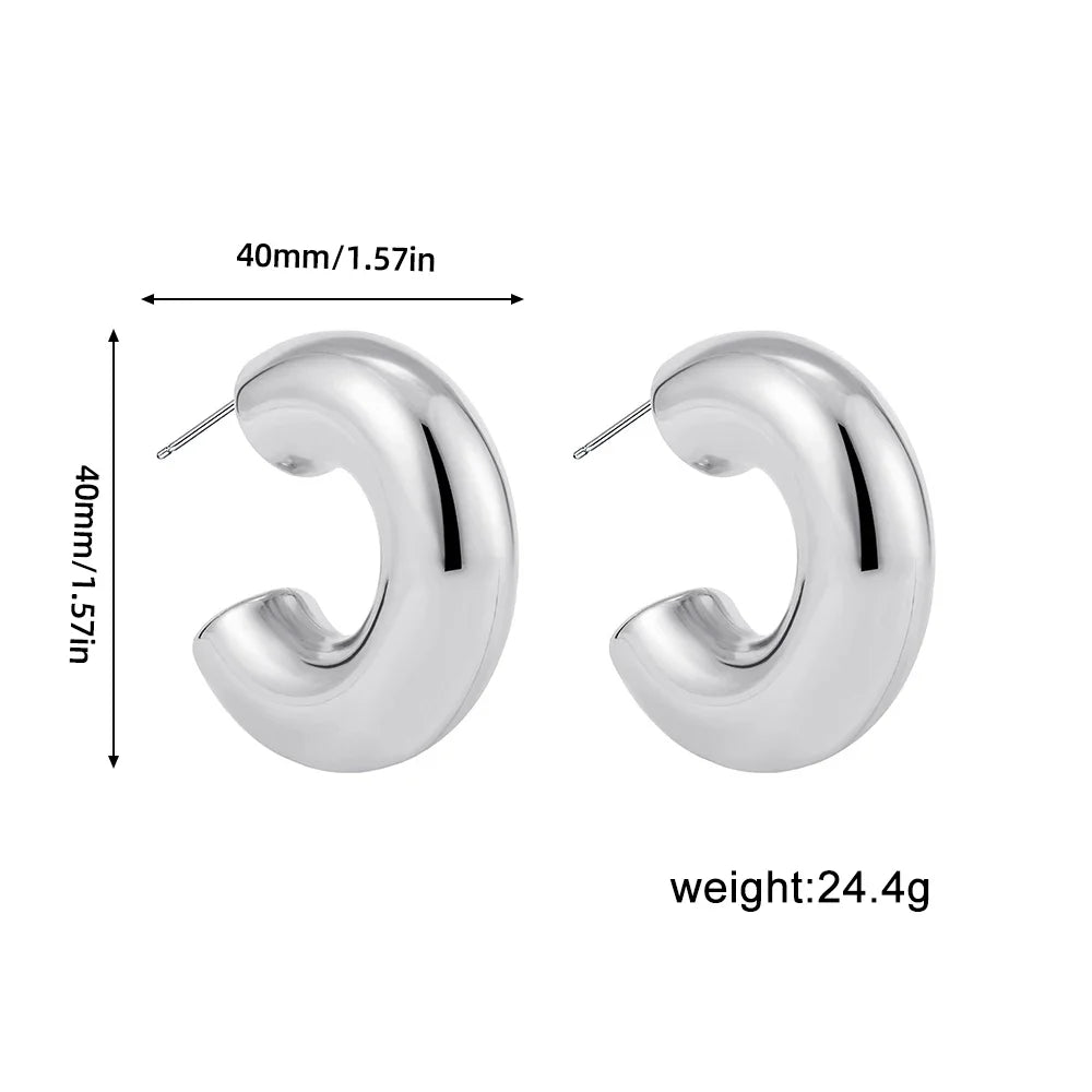 Retro style shiny PVD gold plated thick C-shaped stainless steel hoop earrings (stackable)