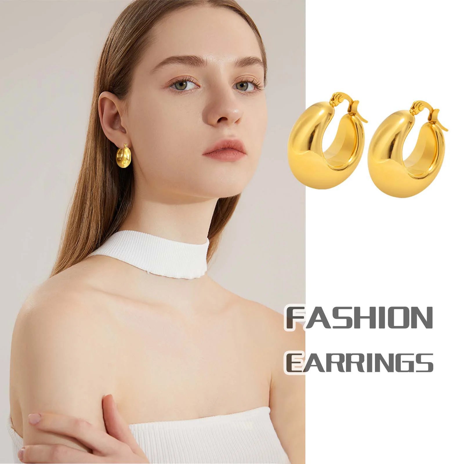 Compact gold-colored stainless steel thick hoop earrings for women.
