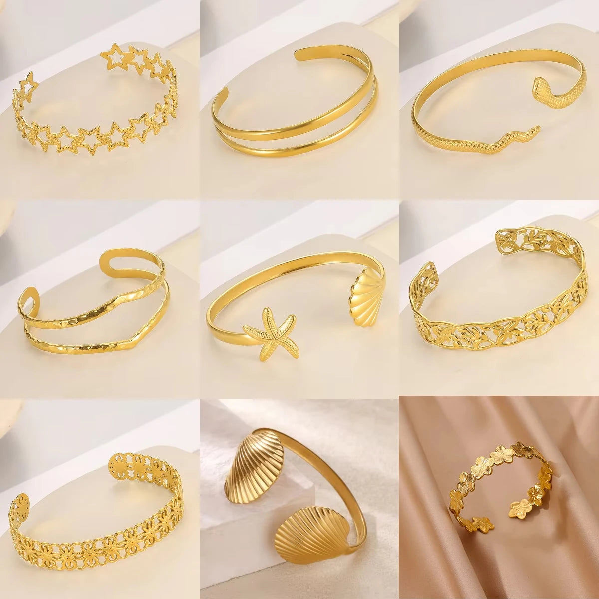 Women's Double Layer Open Gold Stainless Steel Waterproof Bracelet with Flower