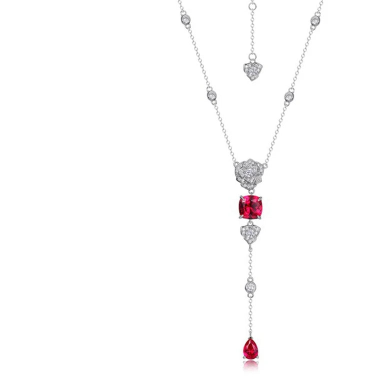 925 Sterling Silver Necklace with Ruby Flower Pendant and Diamond Accents