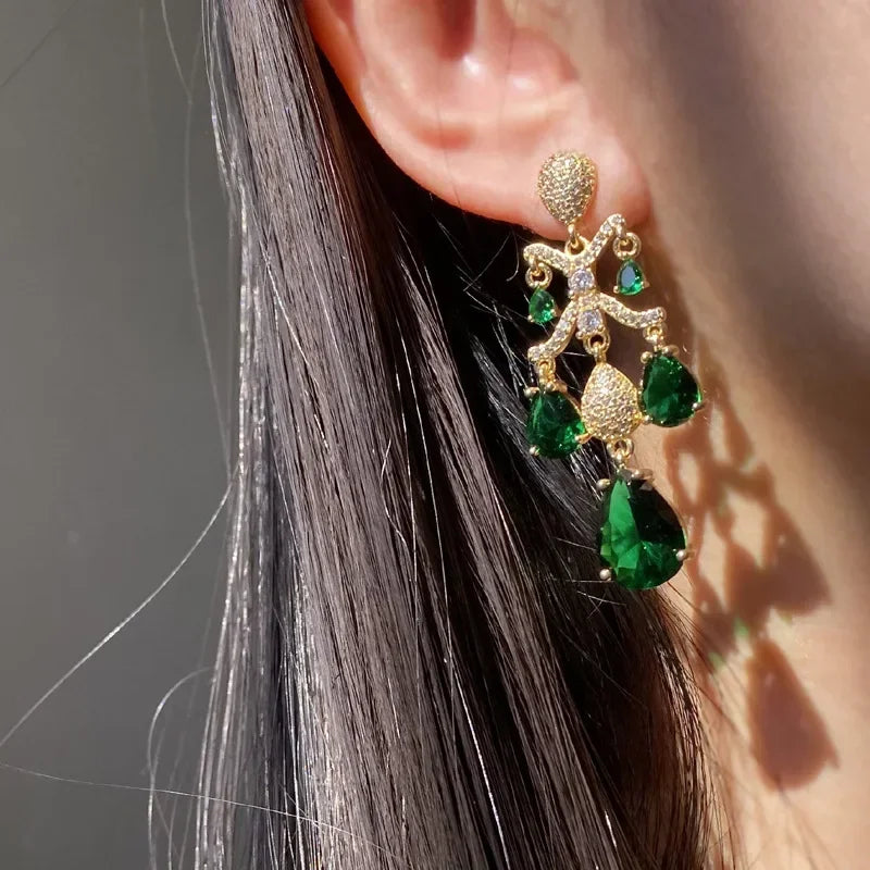 Emerald Flower Earrings Green Flower Cluster Drop Earrings