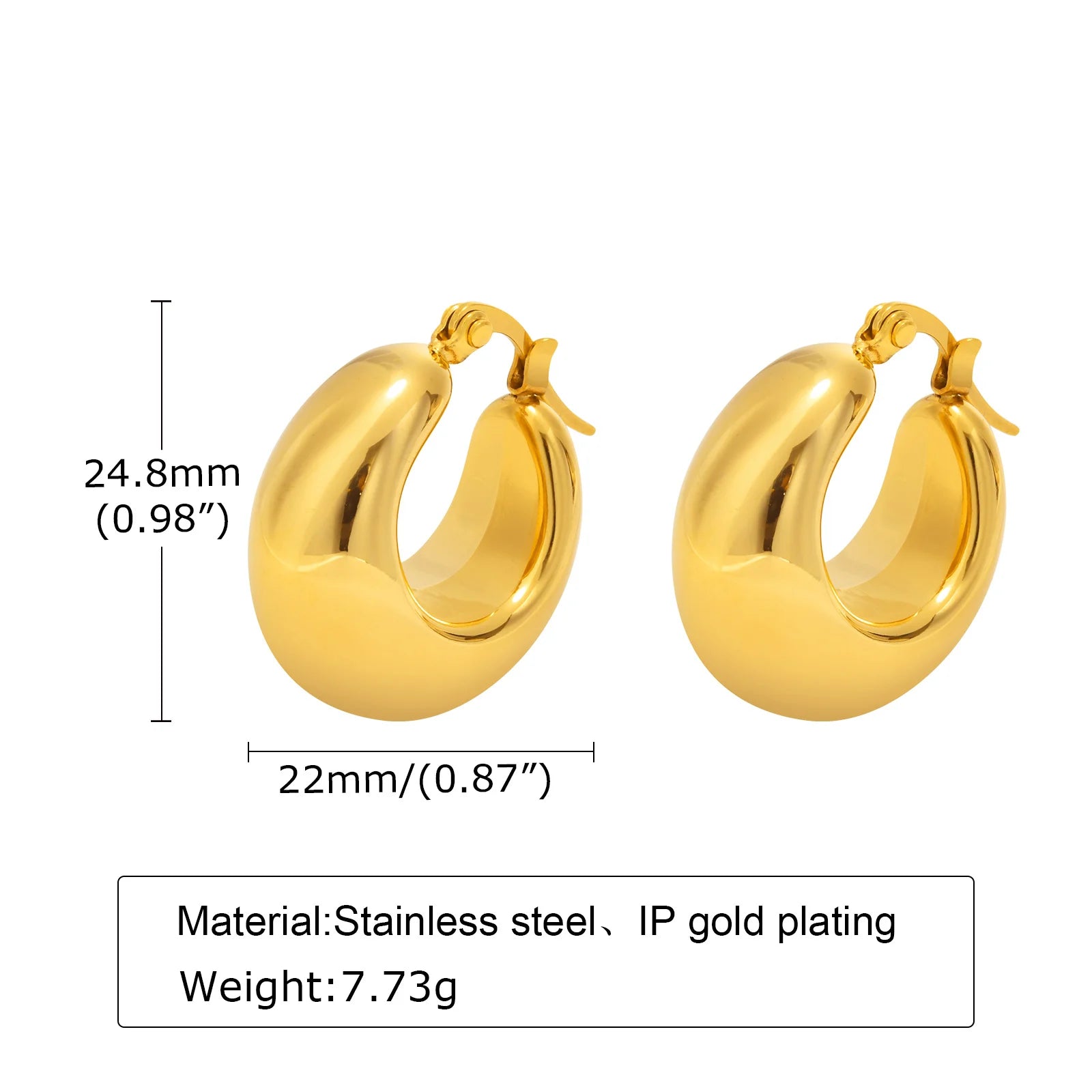 Compact gold-colored stainless steel thick hoop earrings for women.
