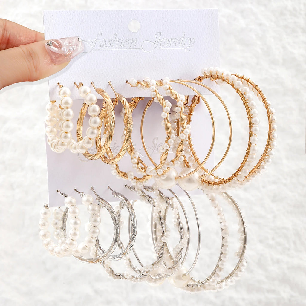 10 Pairs Korean Style/Elegant Faux Pearl Hoop Earrings Set for Women (Party Jewelry)