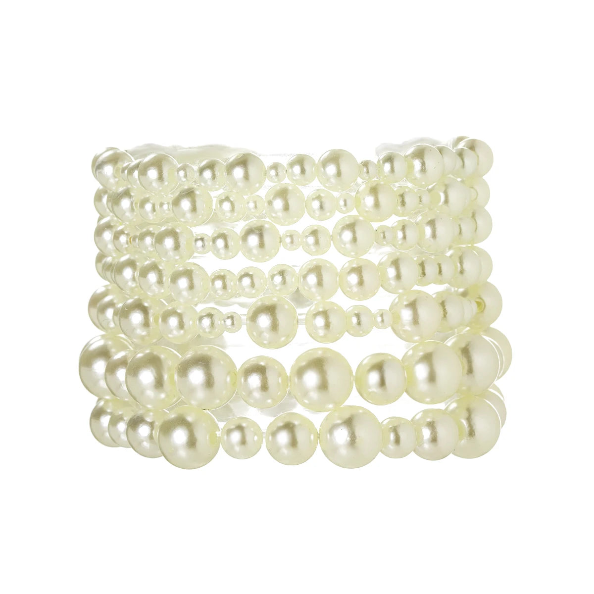 7 Pieces Simple Beige Faux Pearl Beaded Bracelet Set, Multi-Layer, Various Bead Sizes