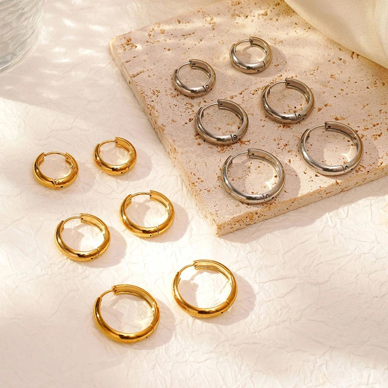 Classic Gold/Silver Stainless Steel Smooth Round Huggie Hoop Earrings for Women