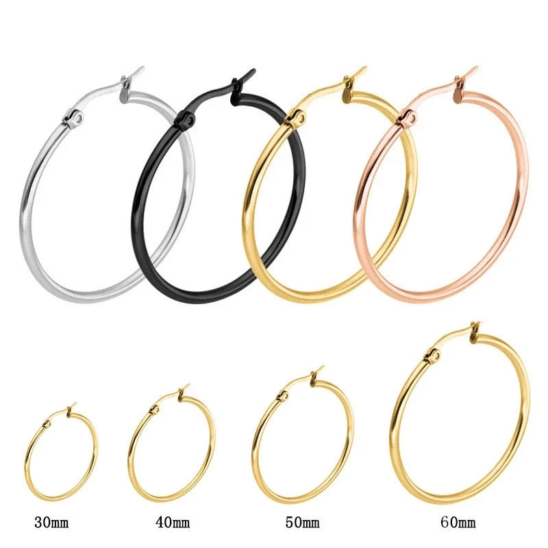 Large Stainless Steel Circle Hoop Earrings 30-80mm Gold/Silver Classic Style