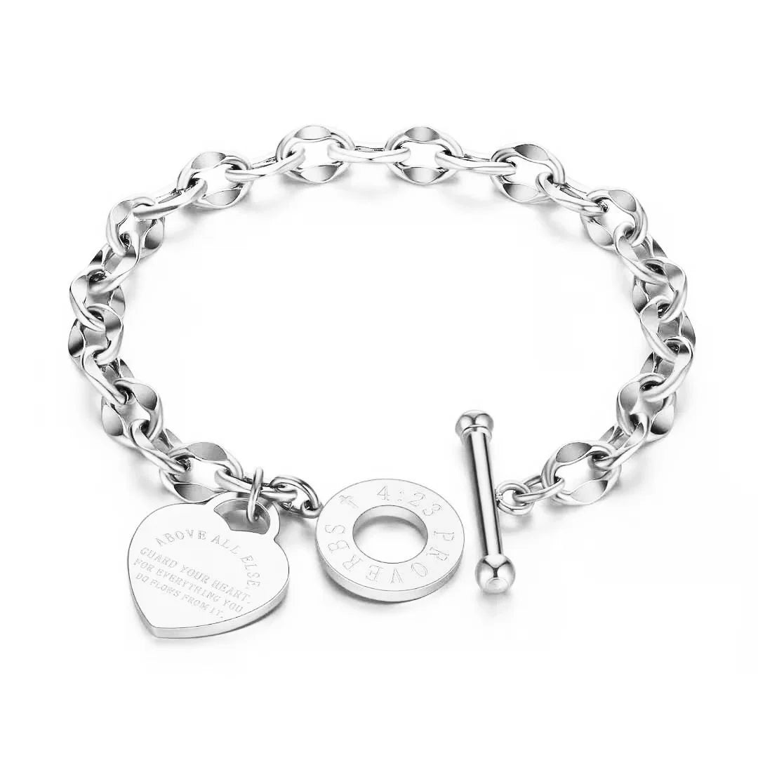 Stainless steel bracelet, OT lock, double heart pendant, suitable for couples/unisex.
