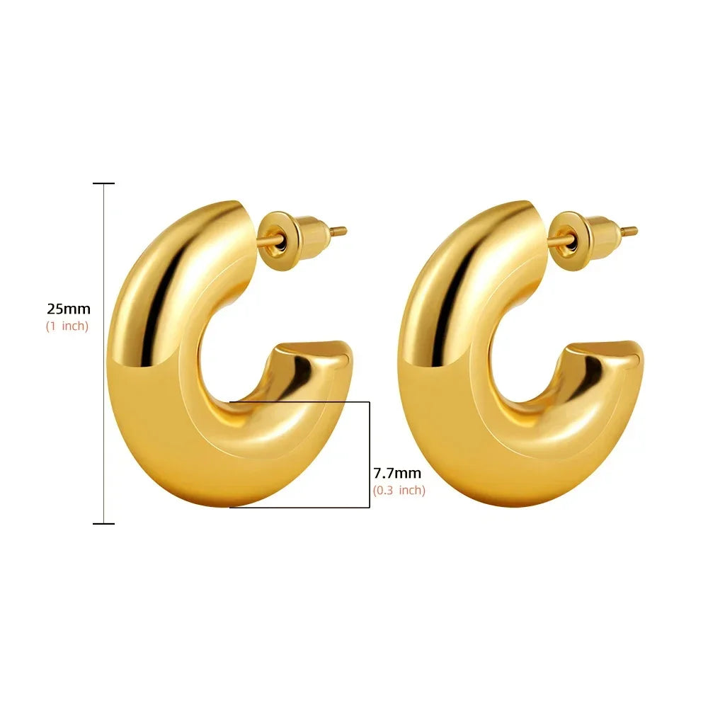 Retro style shiny PVD gold plated thick C-shaped stainless steel hoop earrings (stackable)