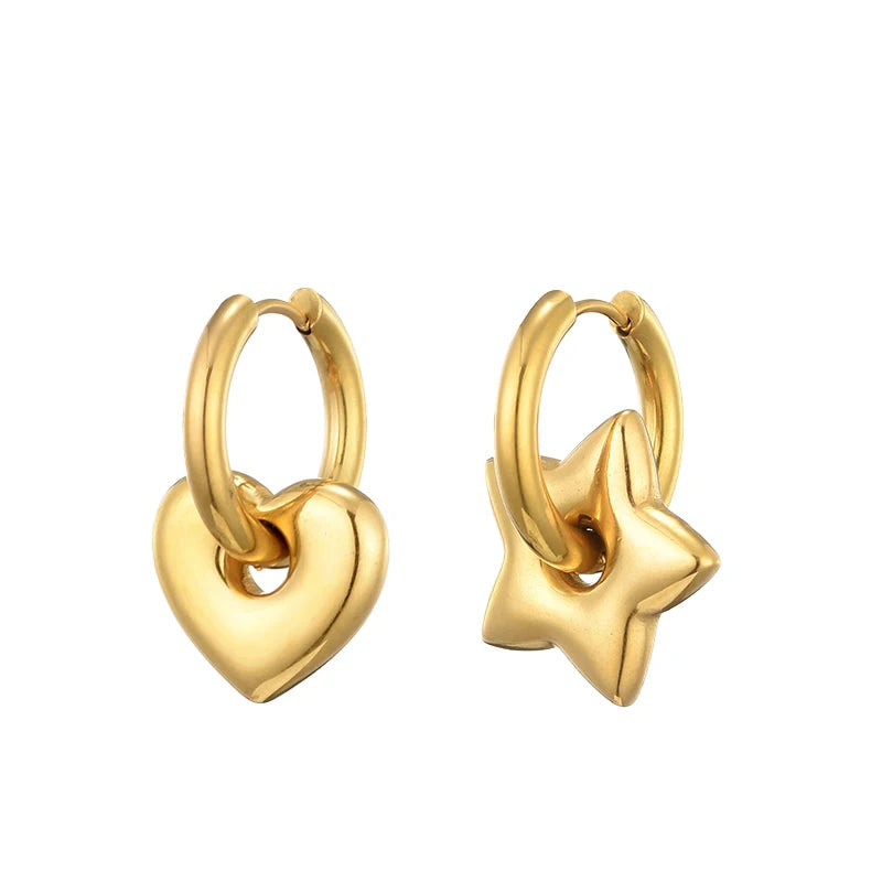 Stainless Steel Heart/Star Hoop Earrings, Gold/Silver, Classic/Punk/Y2K Style for Women
