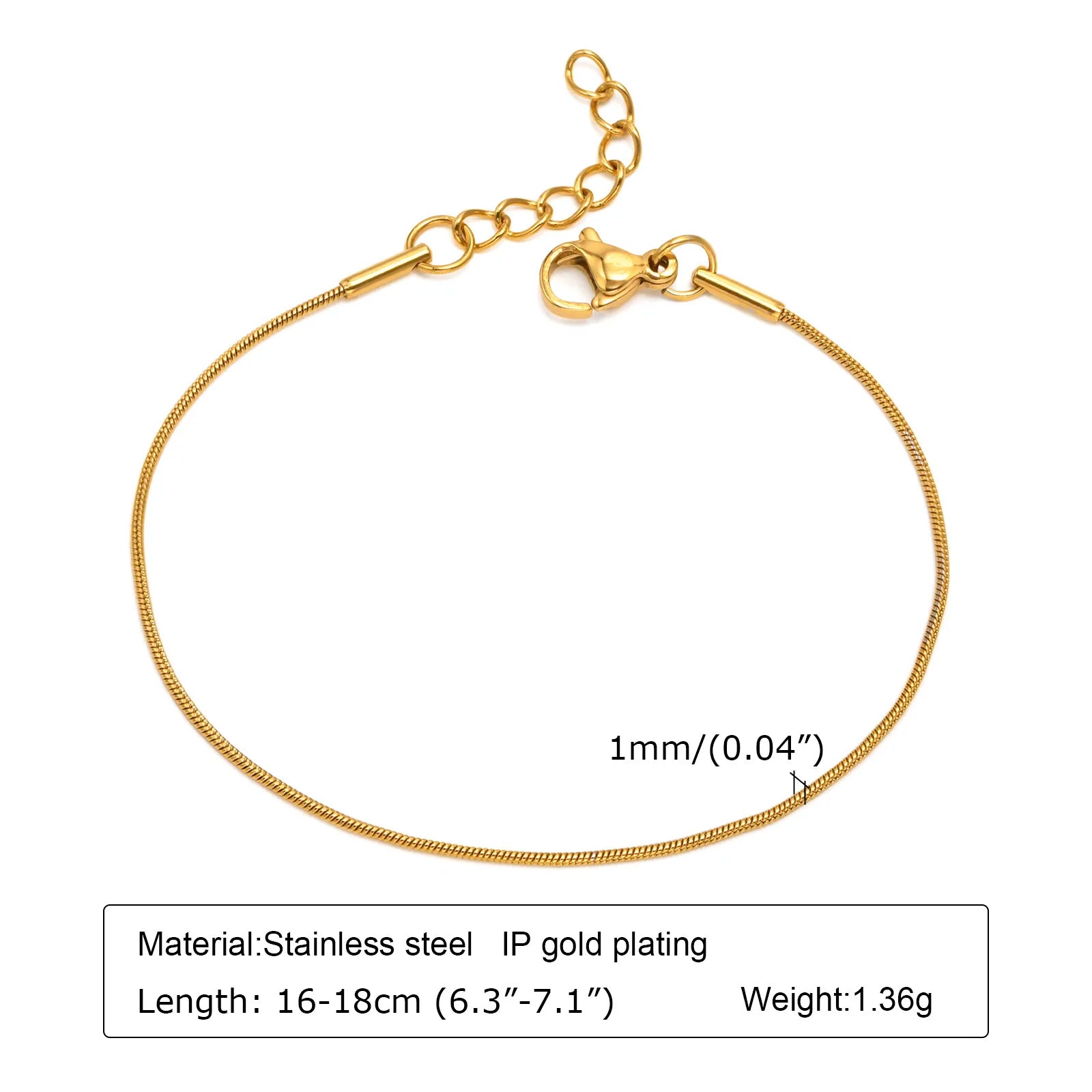 Women's 18K Gold Plated Stainless Steel Thin Link Chain Bracelet, Waterproof